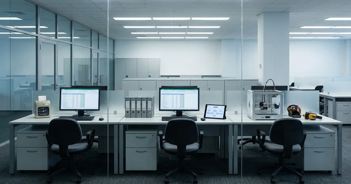 Office layouts reflecting factory logic in modern work